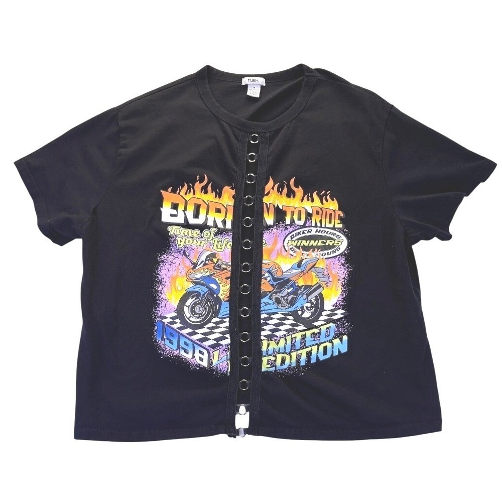 Rue+ Womens Black Biker Graphic Tee Grommet Top 1X Y2K Style Moto Grunge Edgy